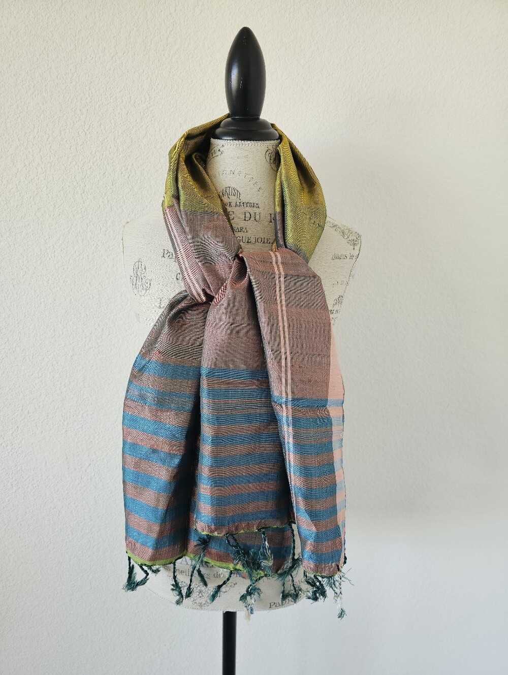 Boho Plaid Striped Fringed Scarf Wrap – Teal, Dusty Rose, Mustard Yellow & Brown